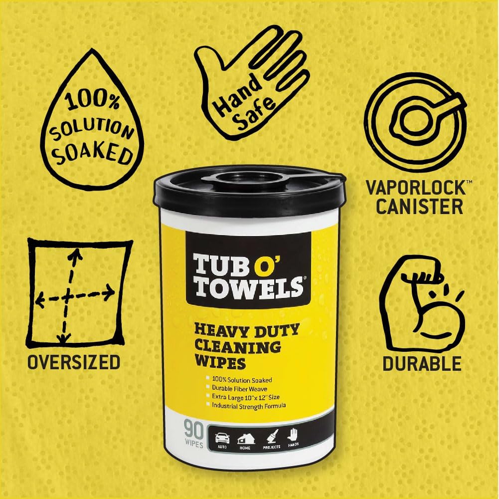 Tub O' Towels Heavy-Duty Multi-Surface Cleaning Wipes, 7" x 8", 40 Count Canister, Removes Grease, Grime, and Tough Stains, Durable Disposable White Wipes for Home, Garage, and Outdoor Cleaning Tasks | industrial-disposable-wipes
