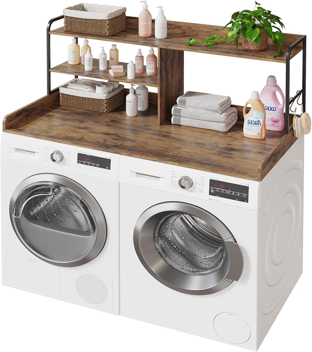 HavenlyYouth Washer and Dryer Countertop with Shelves, 54" x 27.56" 3 Tiers Large Laundry Topper with 2.95" Edge Rails, Laundry Room Storage and Organization with 2 Hooks and Non-Slip Pads