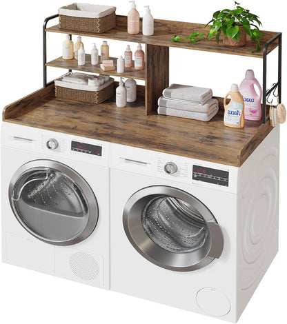 HavenlyYouth Washer and Dryer Countertop with Shelves, 54" x 27.56" 3 Tiers Large Laundry Topper with 2.95" Edge Rails, Laundry Room Storage and Organization with 2 Hooks and Non-Slip Pads