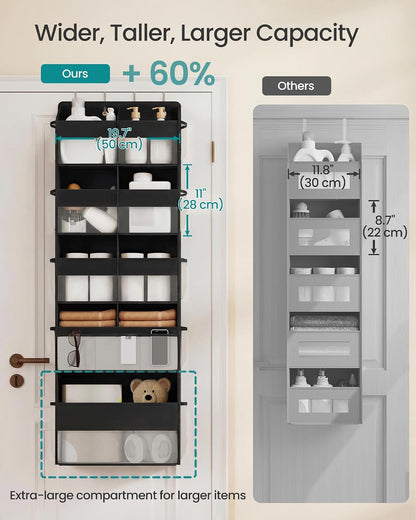 SONGMICS Over-the-Door Organizer, 9-Compartment Door Hanging Storage Shelf, Foldable Closet Hanging Organizer, Heavy-Duty, Metal Hooks, Transparent, Dove Gray URDH009GD01