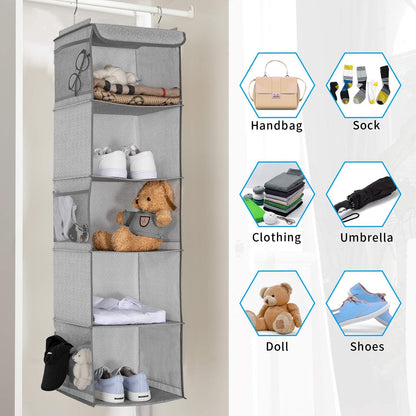 BrilliantJo 2 Pack Hanging Closet Organizer, 5 Shelves Hanging Storage with 6 Side Pockets for Clothes Shoes, 43"x12"x12"(Black)