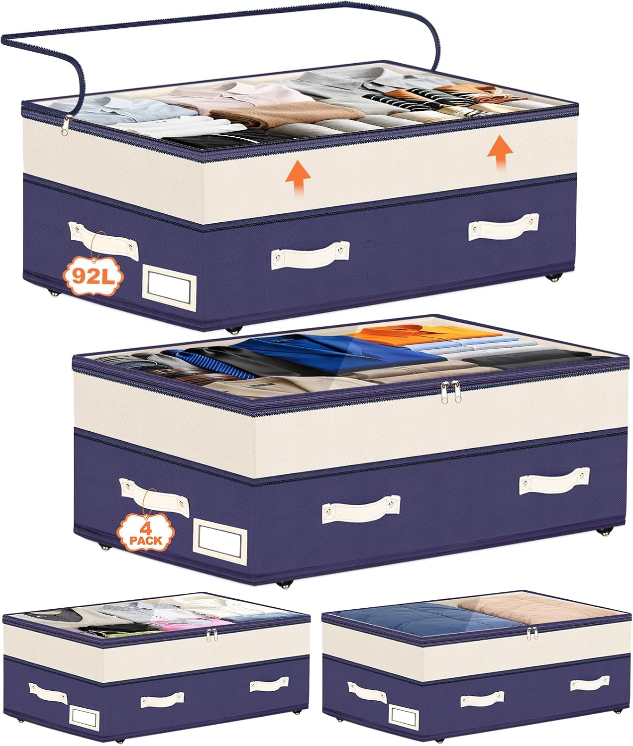 Dolicer 2 Pack Under Bed Storage with Wheels, 6in-10in Height Adjustable Underbed Storage Containers, 92L XXXL Under Bed Drawers Rolling Bin with Clear Lids for Dorm Shoes Clothes Organizers(Grey)