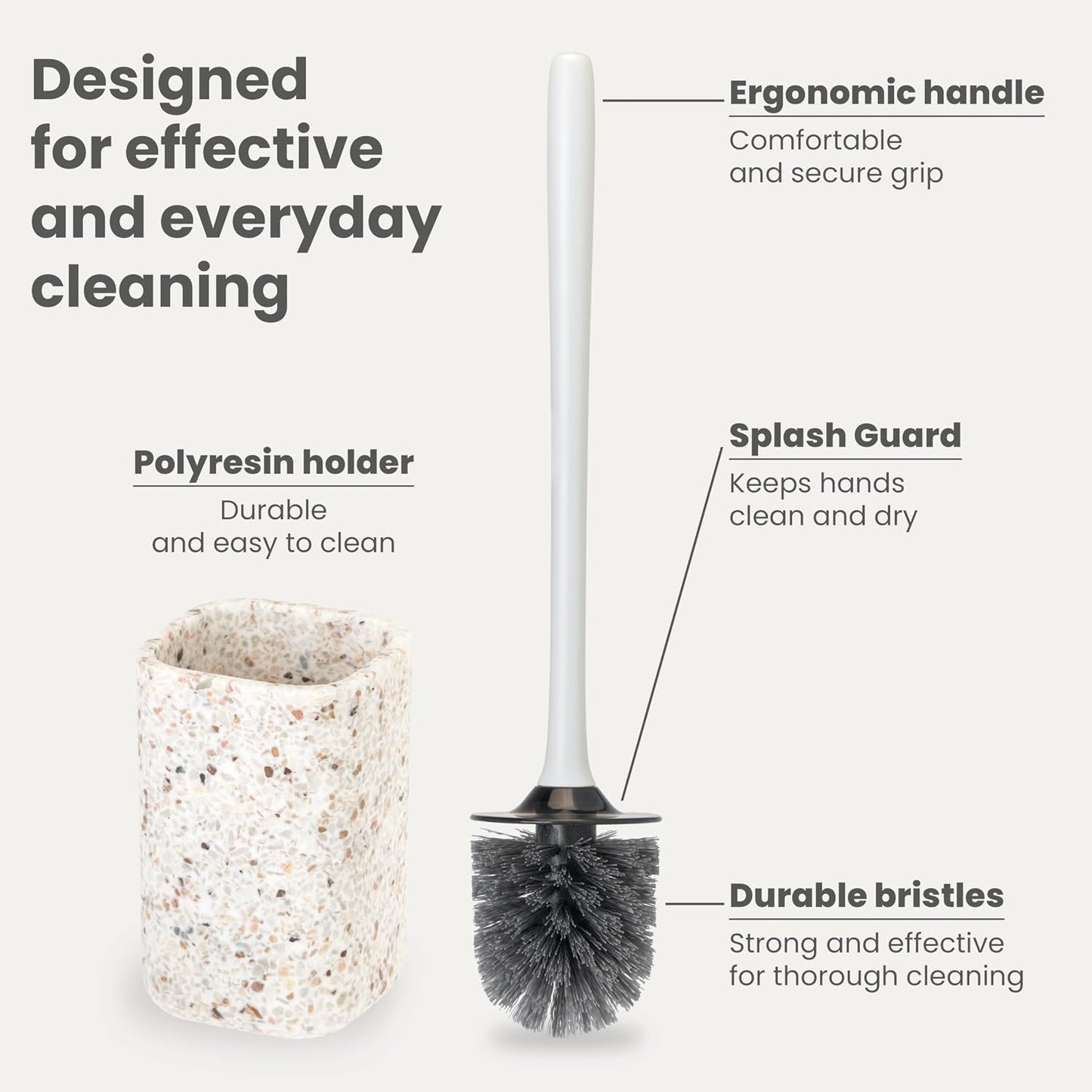 Vigar Zense Toilet Brush and Holder Set - Toilet Bowl Brush and Holder, Polyresin Stone Bathroom Accessory, Compact Toilet Cleaner Brush for Bathroom Decor and Toilet Accessories Set - White Marble