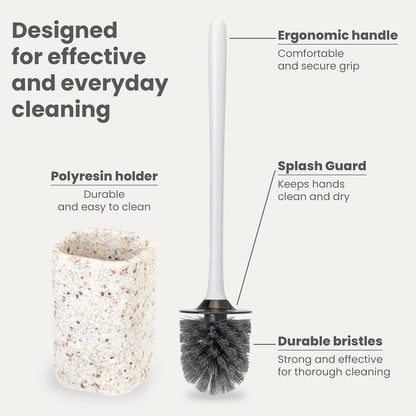Vigar Zense Toilet Brush and Holder Set - Toilet Bowl Brush and Holder, Polyresin Stone Bathroom Accessory, Compact Toilet Cleaner Brush for Bathroom Decor and Toilet Accessories Set - White Marble