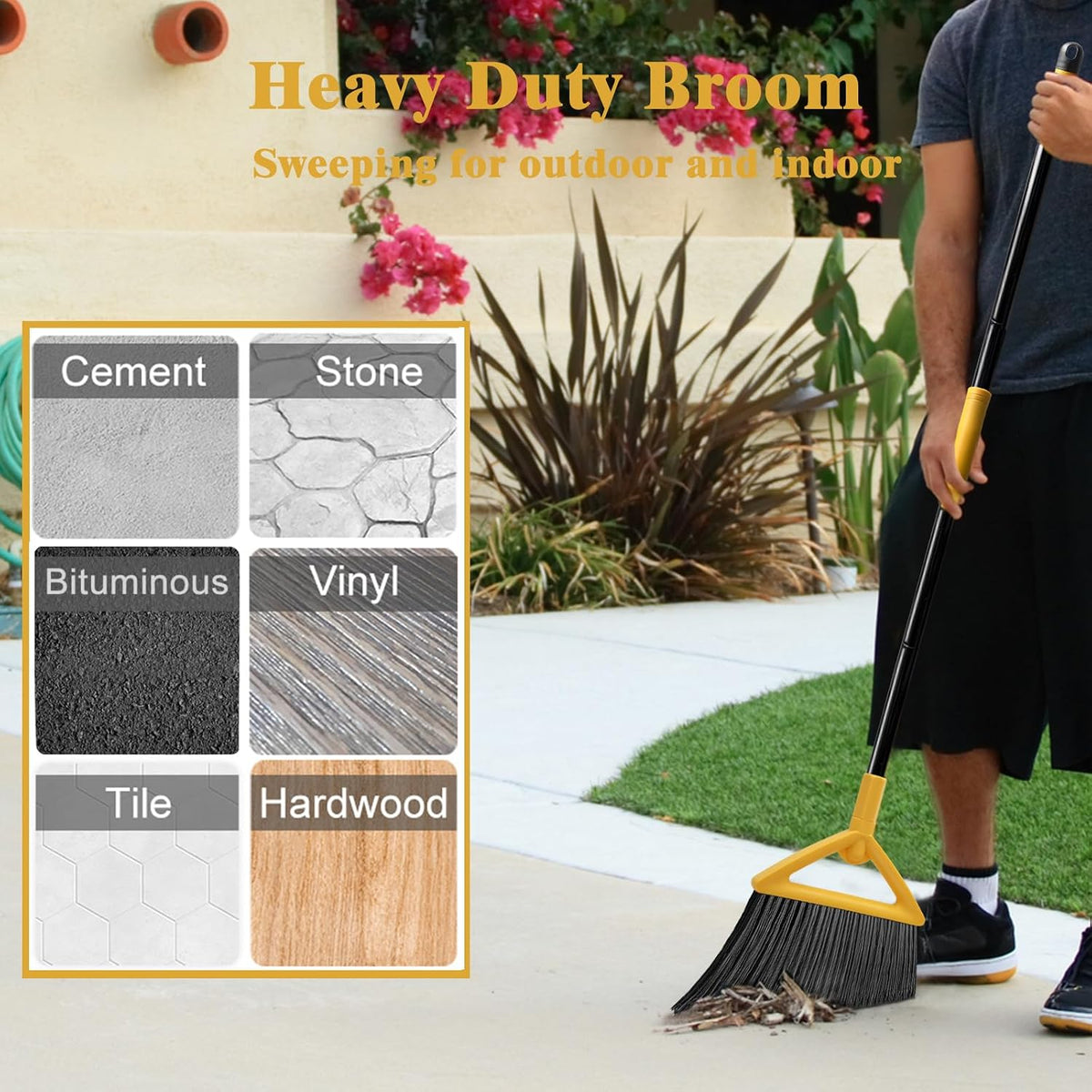Heavy Duty Broom Outdoor and Indoor, 2 Pack Upgraded Commercial Angle Brooms, Perfect Yellow Broom of House, Kitchen, Garage, Courtyard