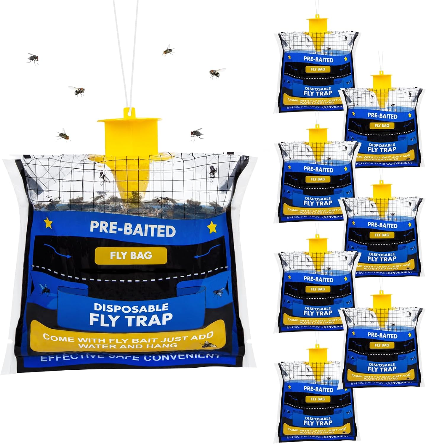 8 Fly Traps Outdoor Hanging Disposable, Fly Bags for Outside, Fly Bait Bag Hunter Traps Control Insecticides Insect Repellents Outdoor, Ranch Fly Traps for Mosquitoes Carpenter Bees Wasps