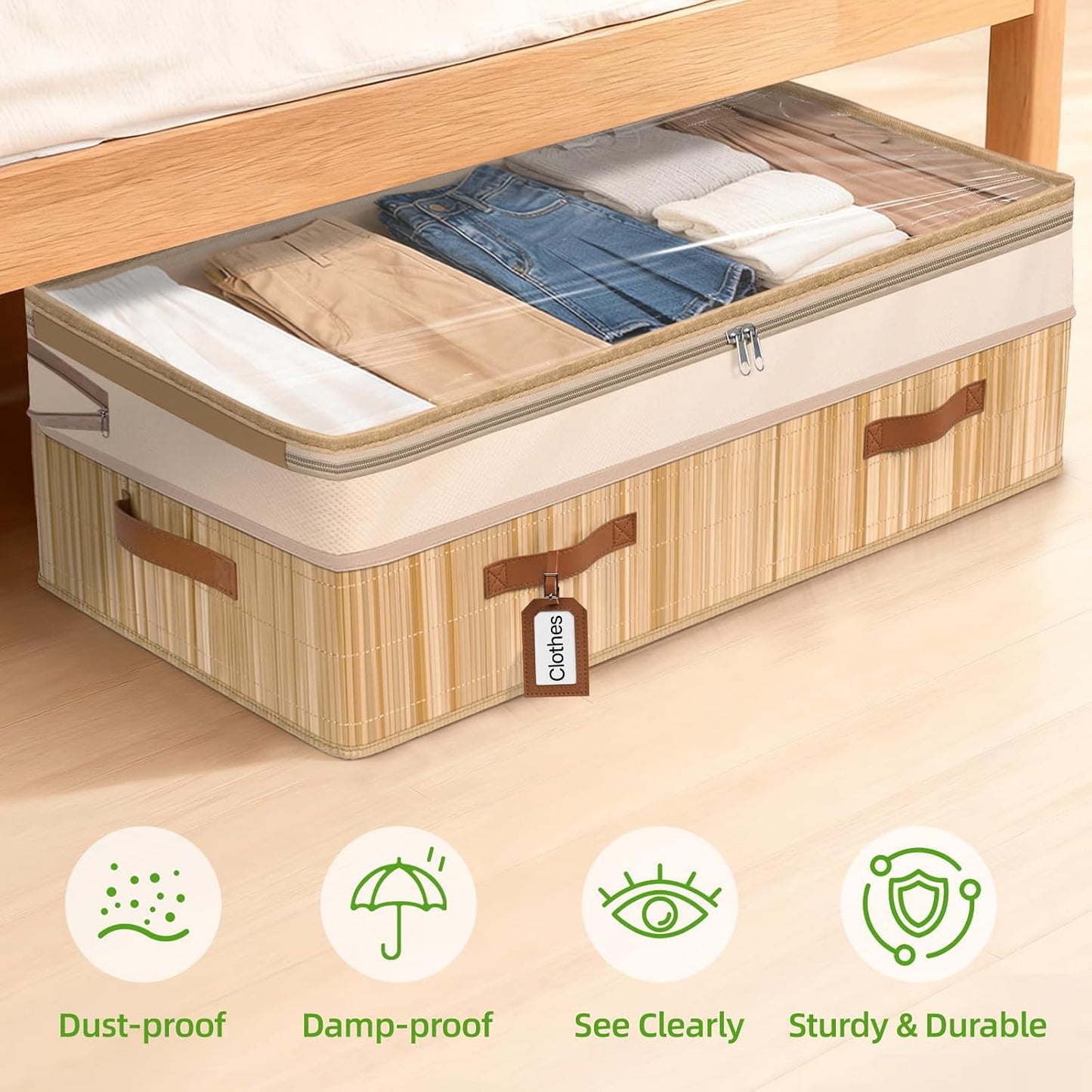 Livole 2 Pack Bamboo Under Bed Storage Containers with Wheels | Breathable Bamboo, Invisible Wheels, 6 inches Height, 56L Large Capacity, Easy Setup, Handles, Clear Lid