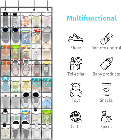 SAVERHO 35 Pockets Over the Door Shoe Organizer, Hanging Shoe Organizer for Door with 35 Mesh Pockets Large Capacity Shoe Hanging Storage Bag with 4 Metal Hooks (White-1Pack)