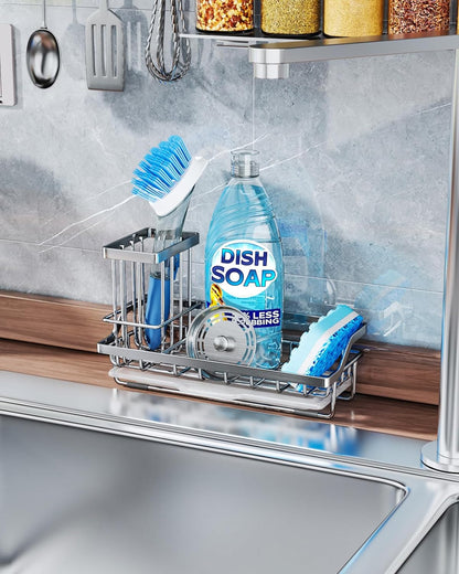 Consumest Sponge Holder for Kitchen Sink - Kitchen Sink Caddy Organizer with Removable Drip Tray for Countertop Dish Soap Dispenser Brush Storage Accessories 304 Stainless Steel - Black