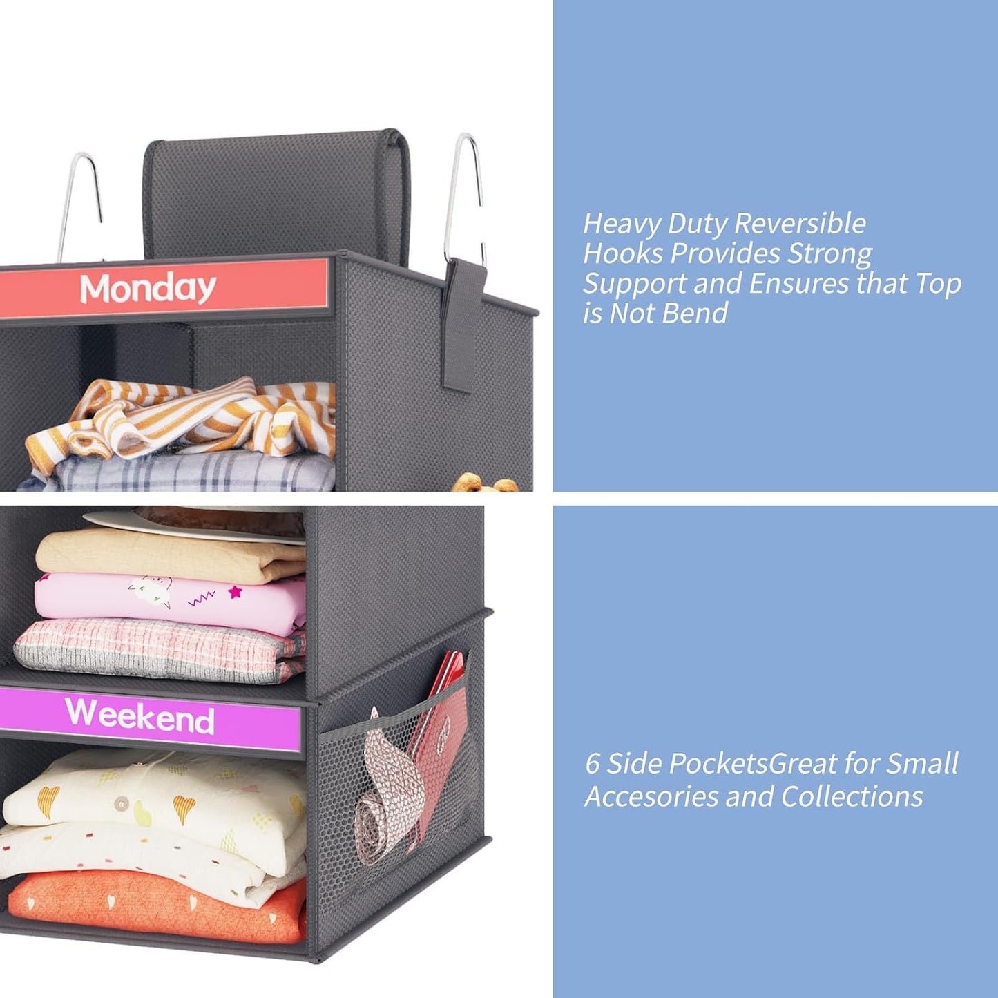 Fixwal 6-Shelf Weekly Clothes Organizer for Kids, Kids Daily Shelf Hanging Closet Organizer with 6 Side Pockets, Days of The Week Hanging Storage Shelves (Pink)
