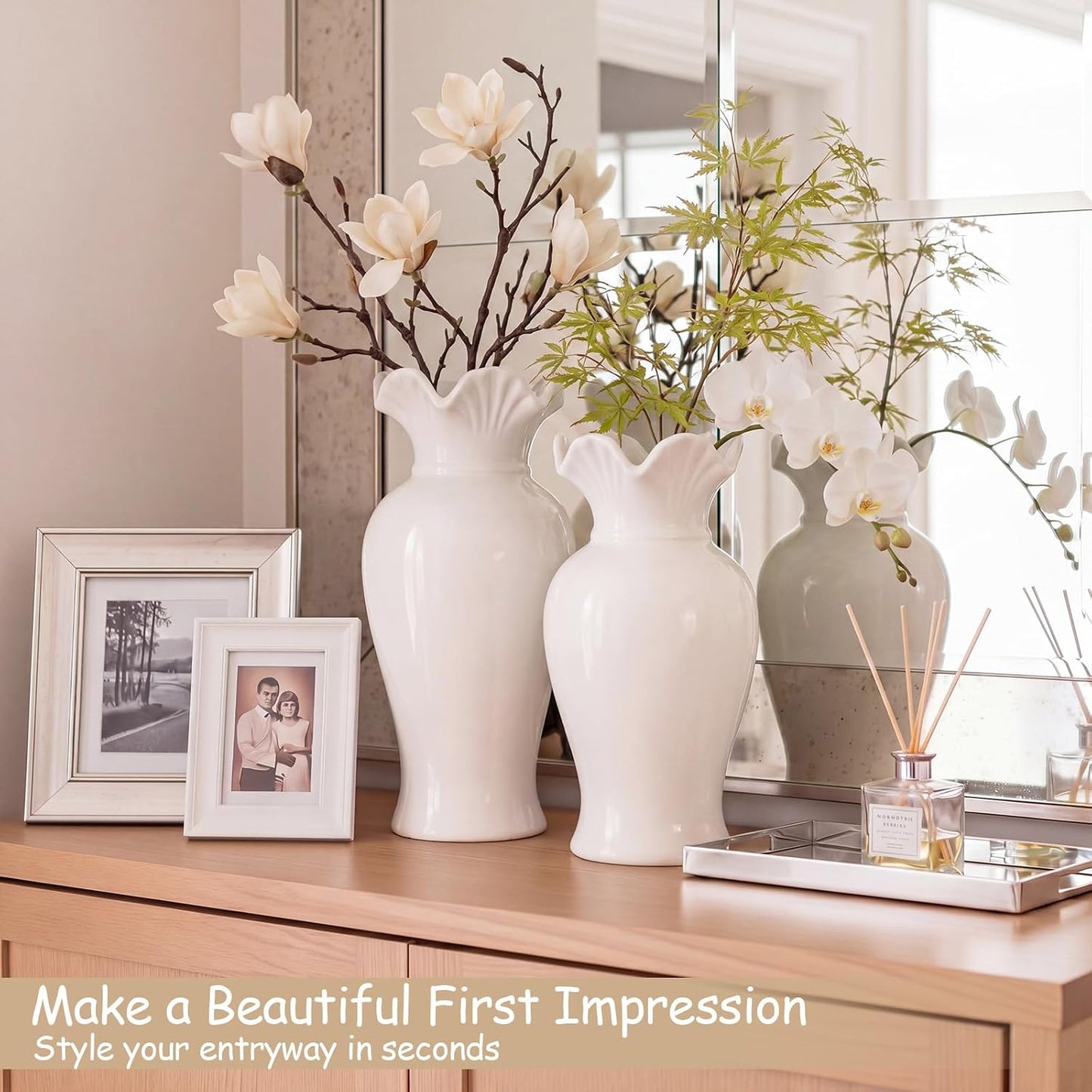 3 Pack White Ceramic Vase Set Small Rustic Decorative Vases Home Decor Wavy Edge Modern Flower Vases for Farmhouse Table Centerpiece Living Room Kitchen Bedroom (5.7,6.7,7.9in,Elegant)