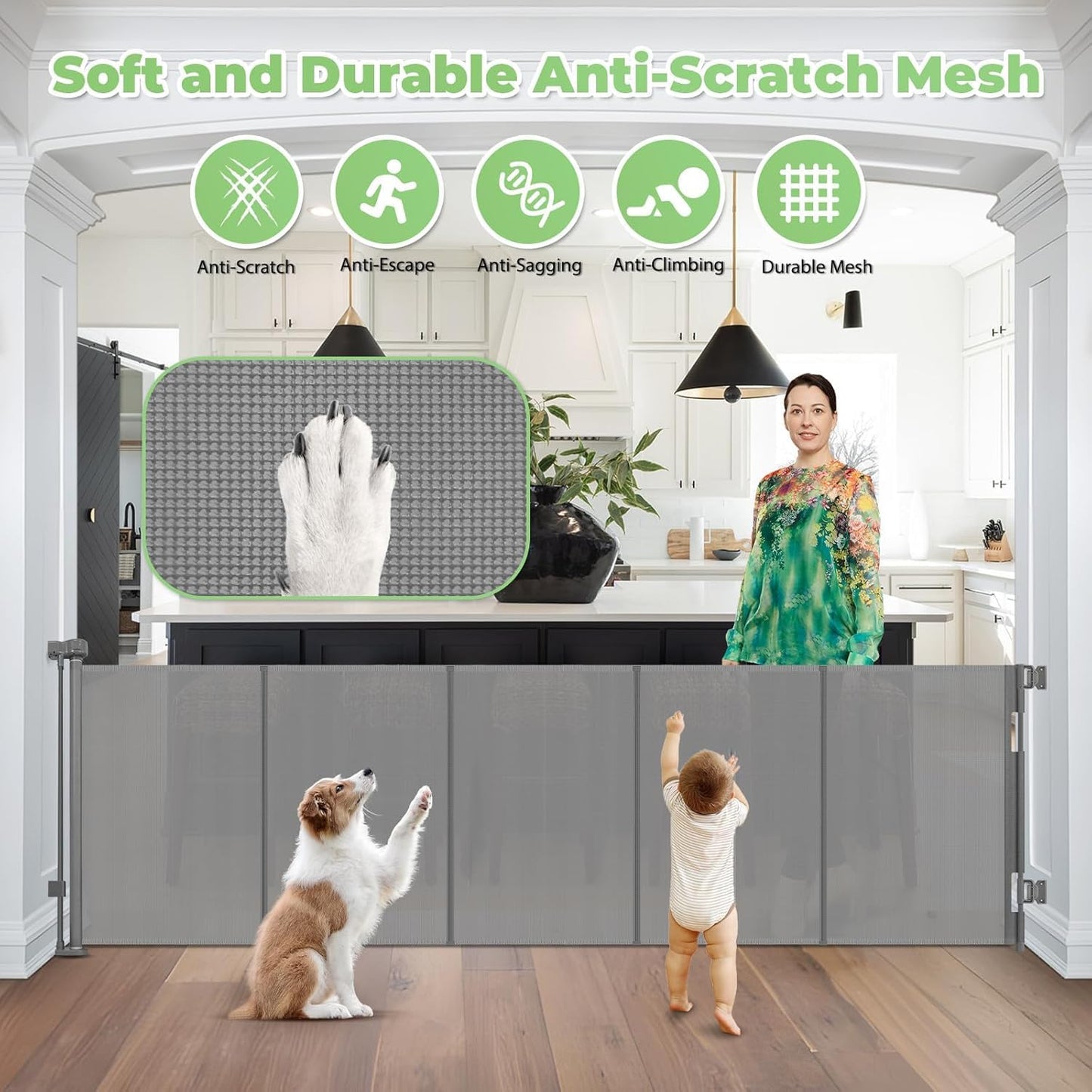 Reinforced 60" Wide Retractable Baby Gates with Upgraded Rods - Bottom Anti-Escape, 5 ft Mesh Baby Gate Retractable Dog Gate Indoor Pet Gate Retractable Stair Gate Outdoor Retractable Gate, Black