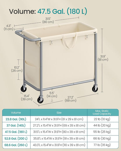 SONGMICS Laundry Basket with Wheels, 3-Section Rolling Laundry Hamper, 52.8 Gallons (200 L), Removable Liner, Steel Frame with Handle, 35.8 x 15.4 x 31.9 Inches, Cream White URLS005W01
