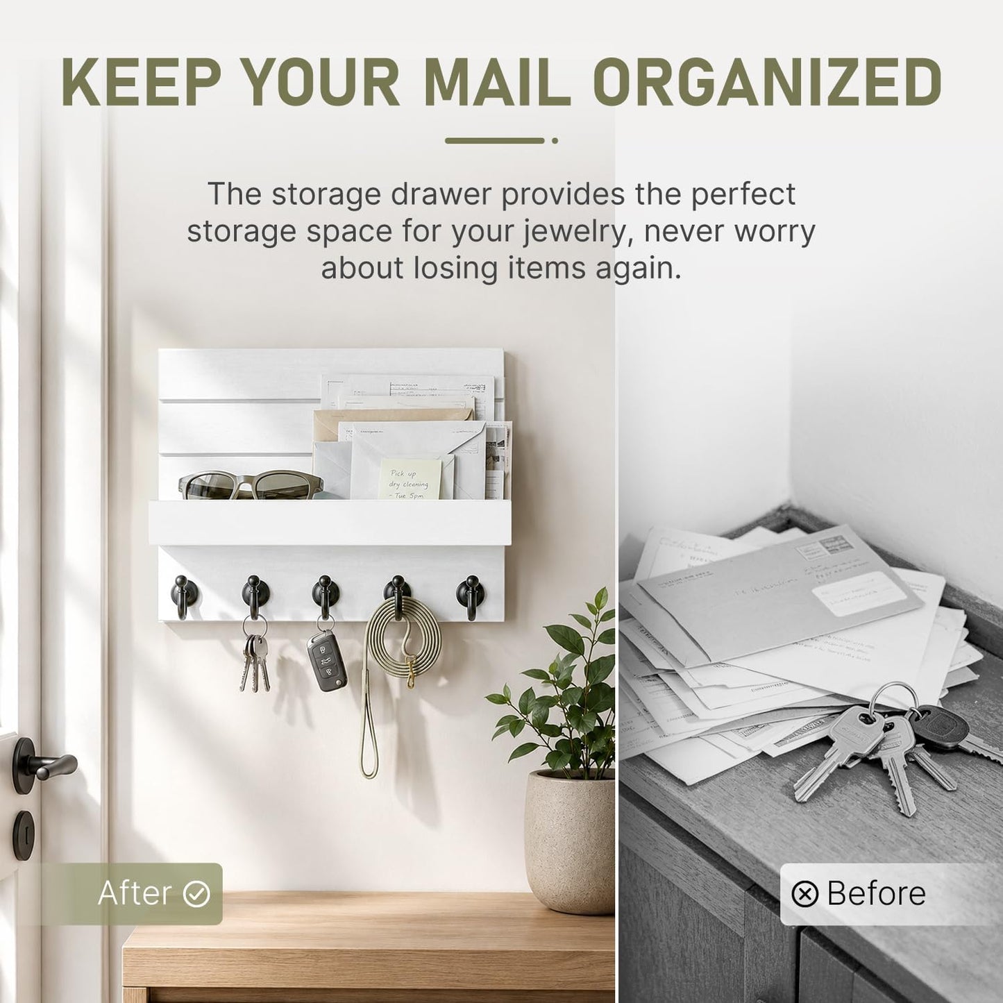 HONJIN Key Holder for Wall: Easy Installation Mail Organizer Wall Mount Hanging Key Rack for Kitchen and Entryway Decor with 5 Sturdy Key Hooks (White)