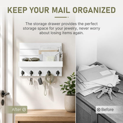 HONJIN Key Holder for Wall: Easy Installation Mail Organizer Wall Mount Hanging Key Rack for Kitchen and Entryway Decor with 5 Sturdy Key Hooks (White)