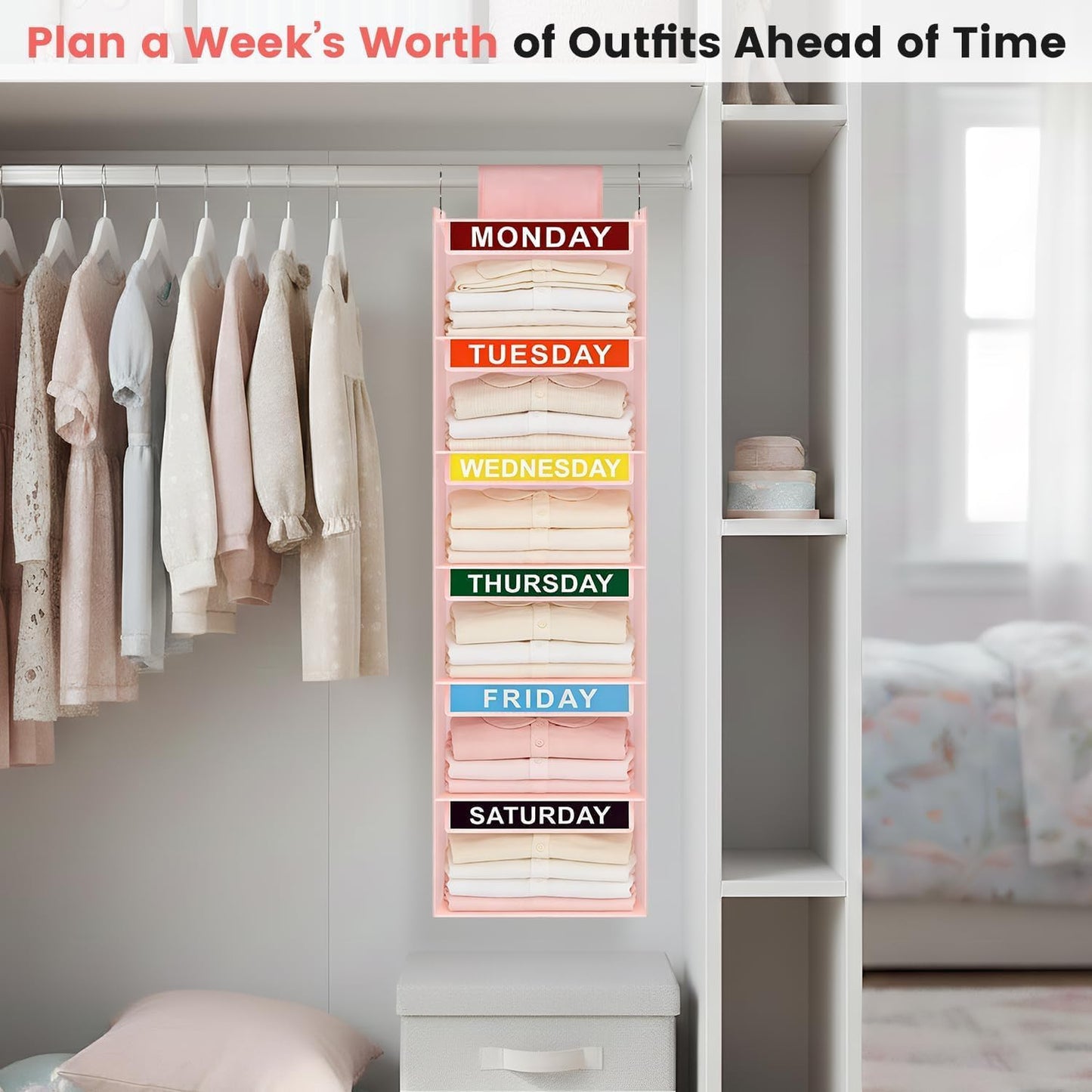 Weekly Clothes Organizer for Kids, 5-Shelf Kid Hanging Closet Organizer w/ 6 Side Pockets, Labeled Weekly Outfit Organizer for Kids, Days of The Week Clothes Organizer Monday Through Friday White