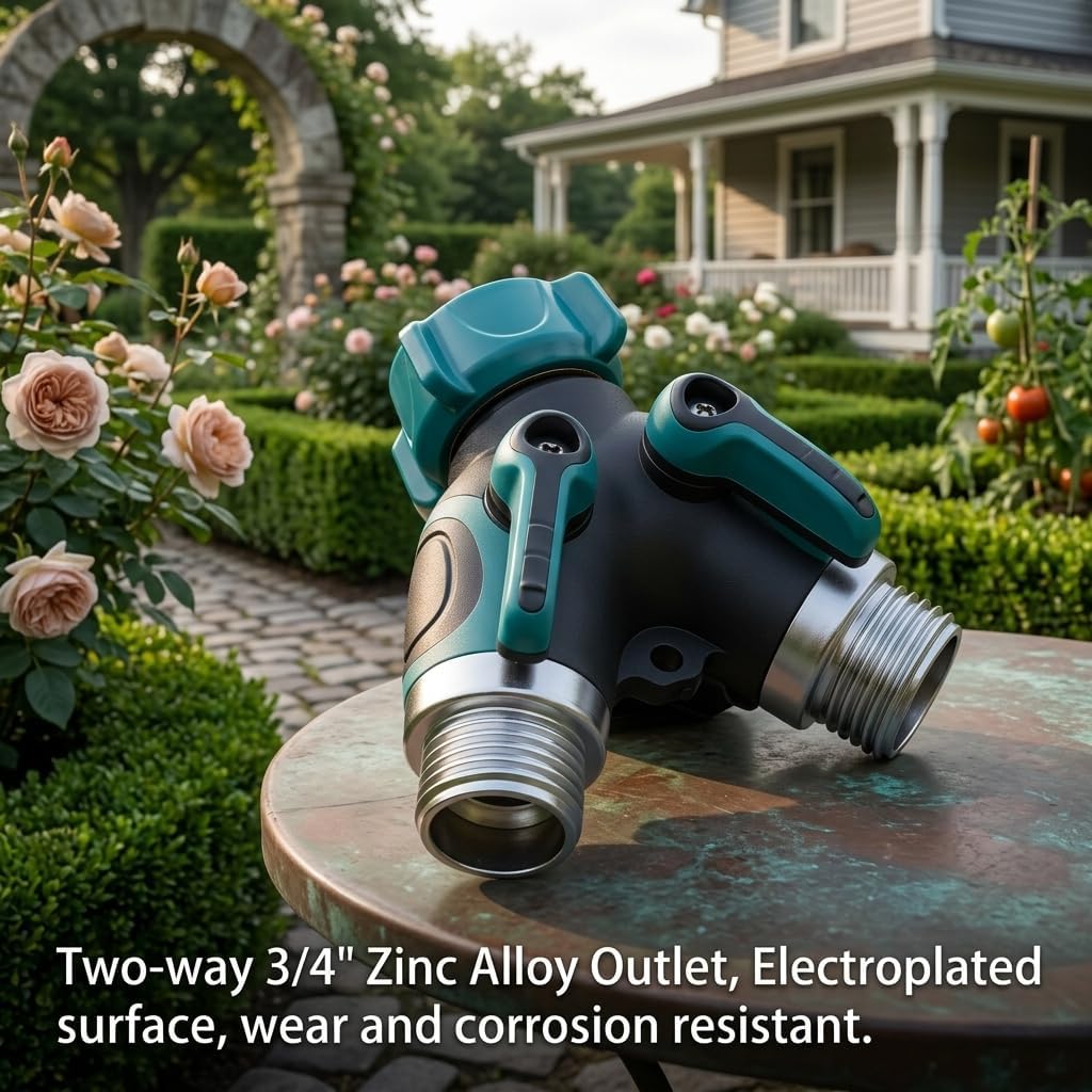 2 Way Garden Hose Splitter, Heavy Duty Metal Y Hose Connector with Shut Off Valves, Dual Outlet Water Spigot Splitter for 3/4" Garden Hose, Leak-Proof Design with Rubberized Grips