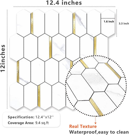 Vamos Tile Long Hexagon Peel and Stick Backsplash Tile - 10 Sheets Stick on Backsplash for Kitchen and Bathroom 12.4 x 12 Inch Glossy Wood Grain PVC Self Adhesive Mosaic Wall Tiles