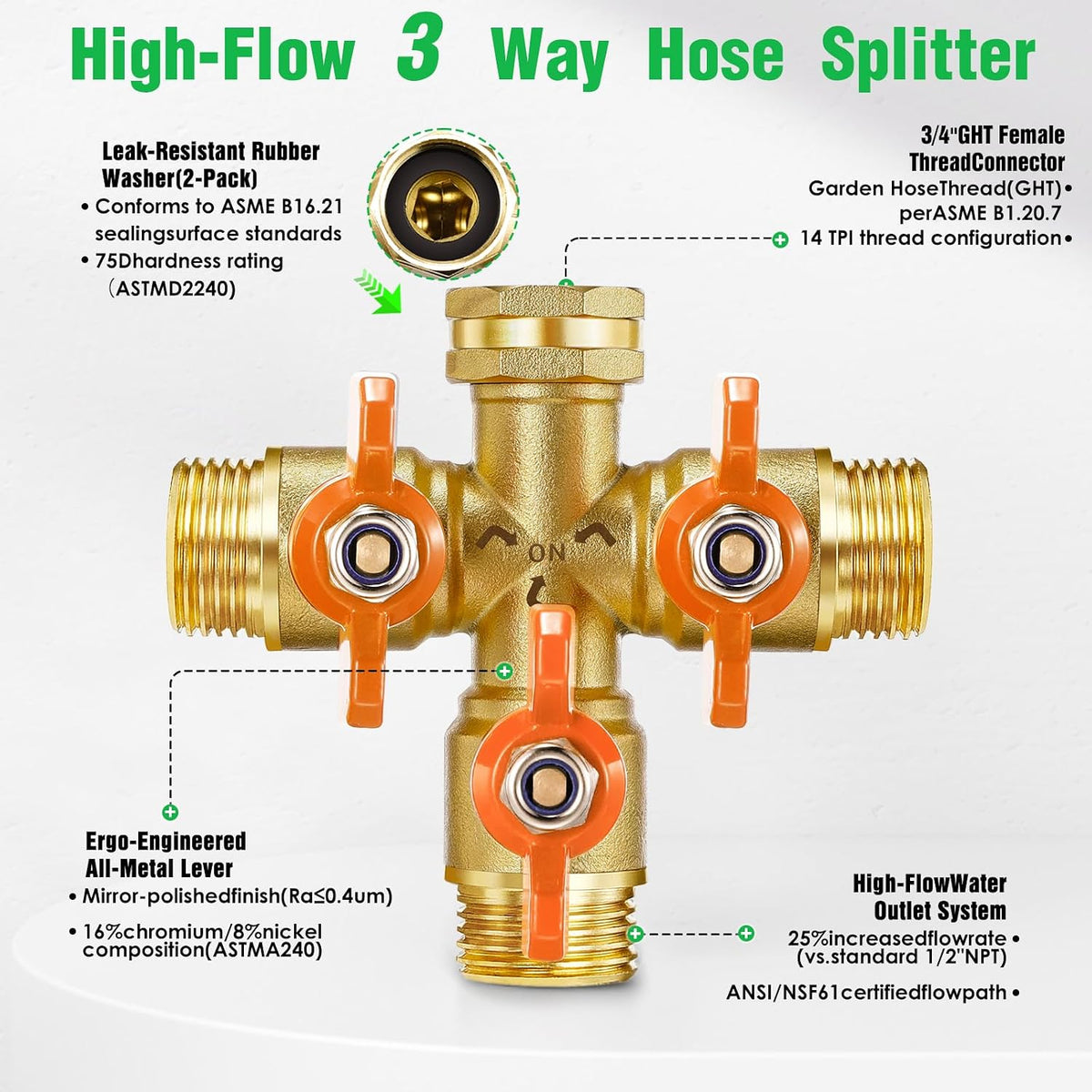 IPOW Upgrade Full Flow Garden Hose Splitter with Stainless Steel Handle, Brass Heavy Duty 2 Way Y Valve Garden Hose Splitter High Flow Spigot Splitter + 6 Rubber Hose Washers with Comfort Grip Use