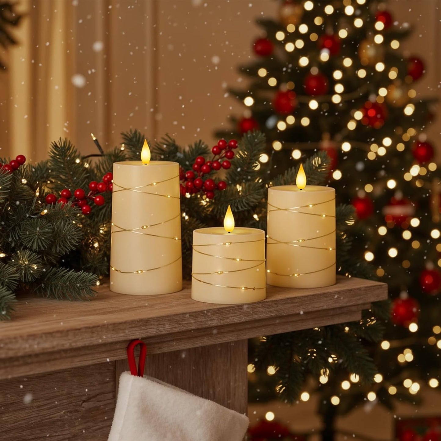 Raycare Flameless Candles with Remote Timer, Flickering Battery Operated LED Pillar Fake Candle with String Lights for Home Decor, Christmas, Wedding and Gift, White, Set of 3
