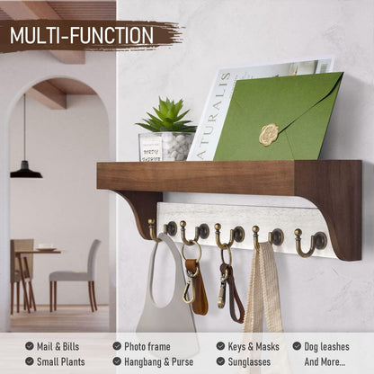 Rebee Vision Farmhouse Key Holder for Wall - Decorative Wooden Mail Organizer with 5 Rustic Key Hooks and Floating Shelf for Home Decor, Hallway, Entryway, Appartment (Retro Brown)