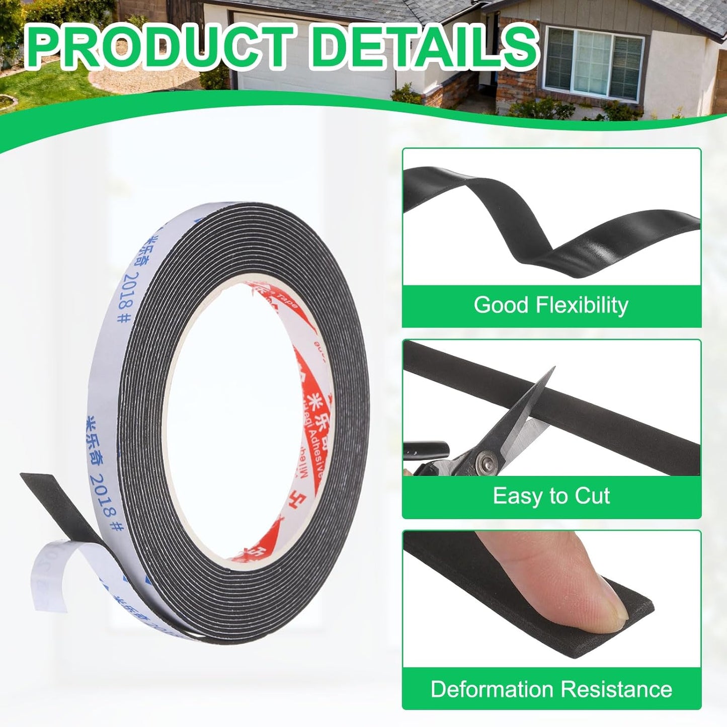 PATIKIL Sponge Rubber Foam Tape, 5/8" W x 1/8" t x 16.4ft l Self-Adhesive Foam Insulation Tape Weather Stripping for Window Door Soundproofing Weatherstrip AC Seal Strip, Black