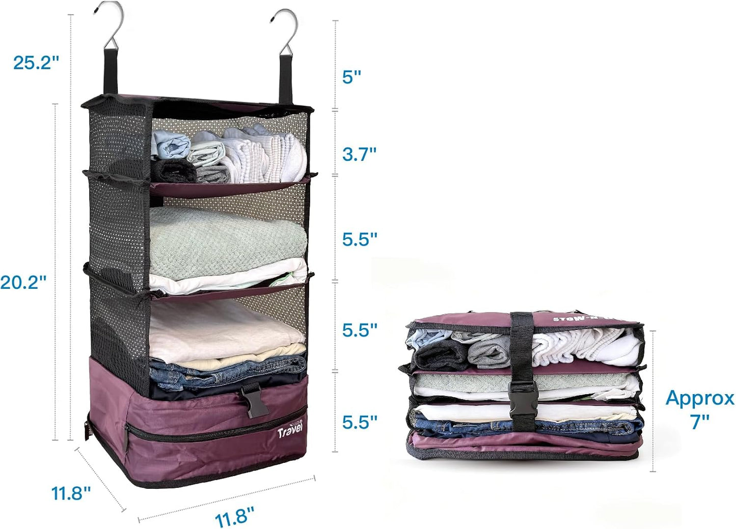 Grand Fusion Stow-N-Go Hanging Travel Shelves, Packing Organizer for Luggage. Carry on Closet for Suitcase. Expandable Packing Cube. Travel Essentials. (Black - L, L = (L) 11.8" x (W) 11.8")