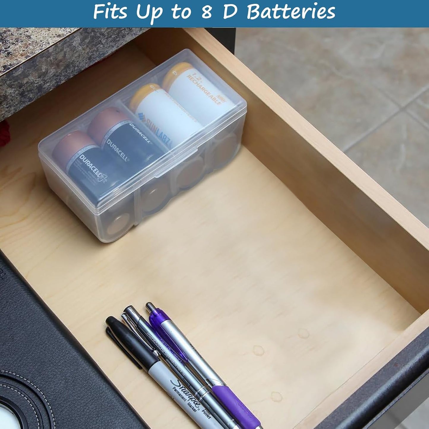 Home-X D Battery Storage Case - Clear, See-Through, Water Resistant D Battery Holder - Easy Access D Cell Battery Holder with Handle - Battery Organizer Storage Case Fits Up to 8 D Batteries