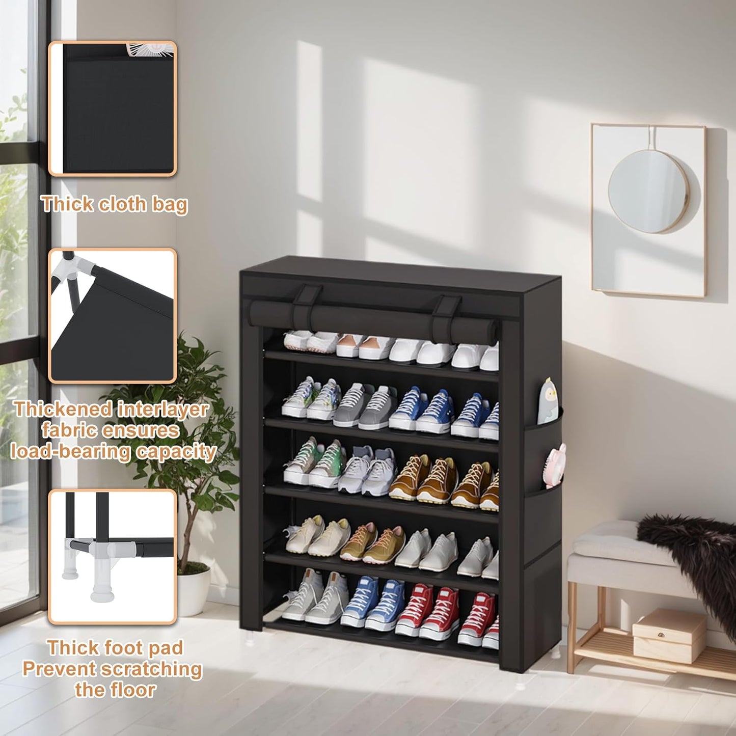 Laiensia 9-Tier Vertical Shoe Rack Organizer, Space Saving Shoe Storage Organizer, Non-Woven Cover Shoe Shelf Holds 36-45 Pairs for Bedroom, Hallway, Closet Entryway, Black