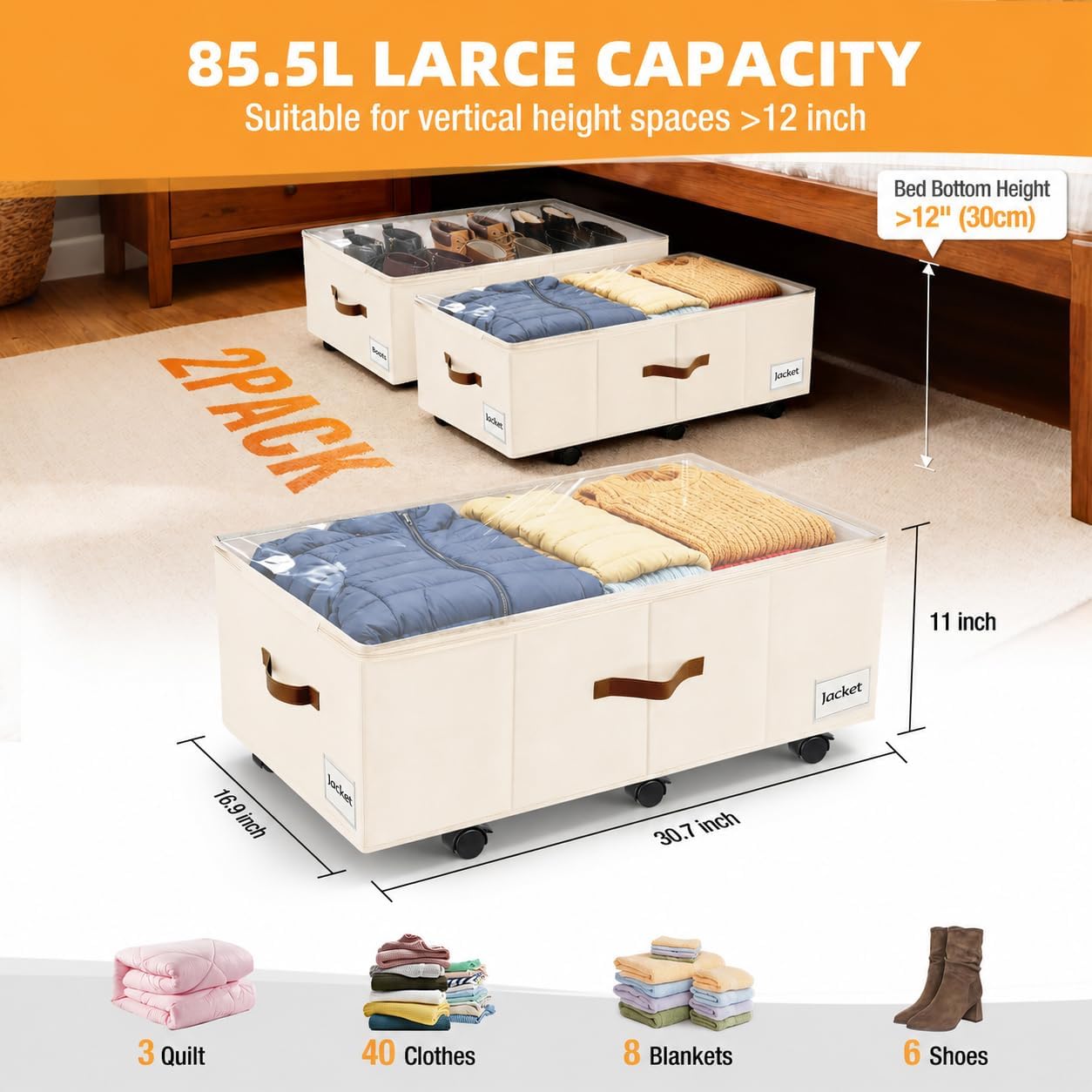 Under Bed Storage with Wheels,Underbed Storage with Sturdy Sidewalls/Bottom, Clear Cover, Label and PU Handle, Rolling Under Bed Drawers for Clothes, Shoes, 6.5 Inch Height,Black, 2 Pack