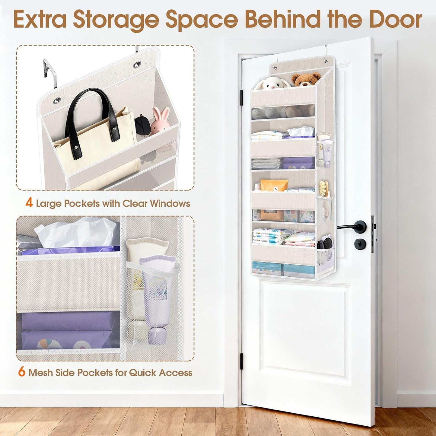 WISELIFE Over The Door Organizer Storage with 4 Large Pockets Door Hanging Organizer with Clear Windows behind The Door Storage for Nursery Bedroom Bathroom Pantry Closet and Baby Essentials Dark Grey