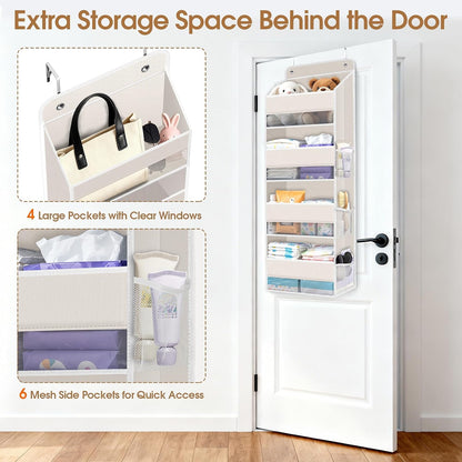 WISELIFE Over The Door Organizer Storage with 4 Large Pockets Door Hanging Organizer with Clear Windows behind The Door Storage for Nursery Bedroom Bathroom Pantry Closet and Baby Essentials Dark Grey