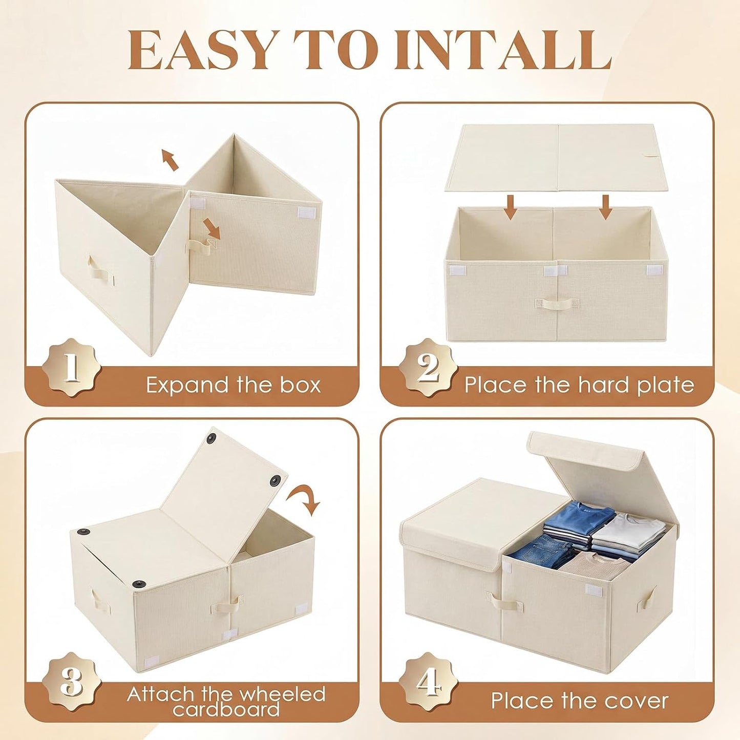 Geelin 4 Pack Under Bed Storage with Wheels, 10 Inch Height 65L Large Capacity Foldable Underbed Storage Bins with Lids & Handles, Easy Assembly Rolling Under Bed Containers for Clothes Blankets Shoes