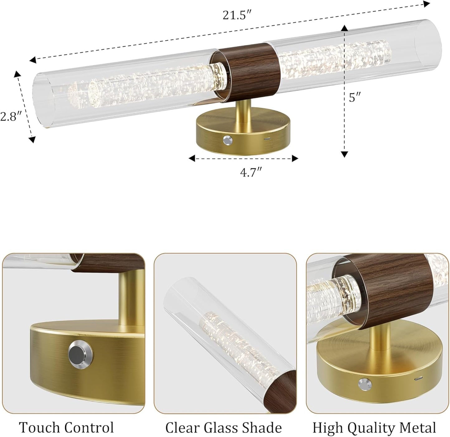 10000mAh Battery Operated Wall Sconce Set of 2, Rechargeable Wireless Wall Lights with Remote Control, Dimmable Timer 3 Color Temperature Glass Wall Lamp for Living Room Bedroom Gold 21.5 Inch