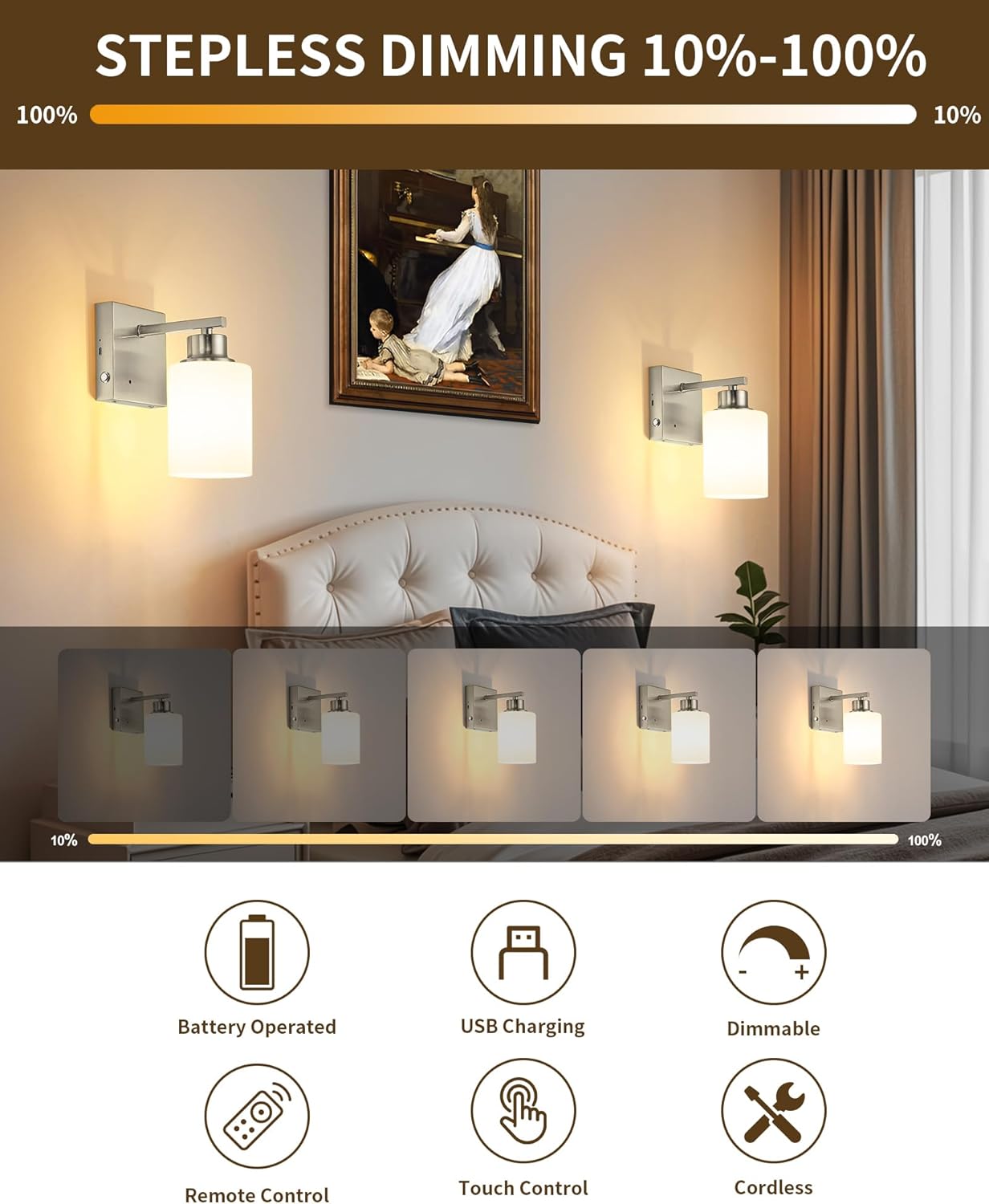 Battery Operated Wall Sconce Set of 2, Black Rechargeable Wall Lights with Timer Function, Easy Install Dimmable Wireless Wall Lamps Sconces Wall Decor for Living Room Bedroom Hallway, Emergency 3000K