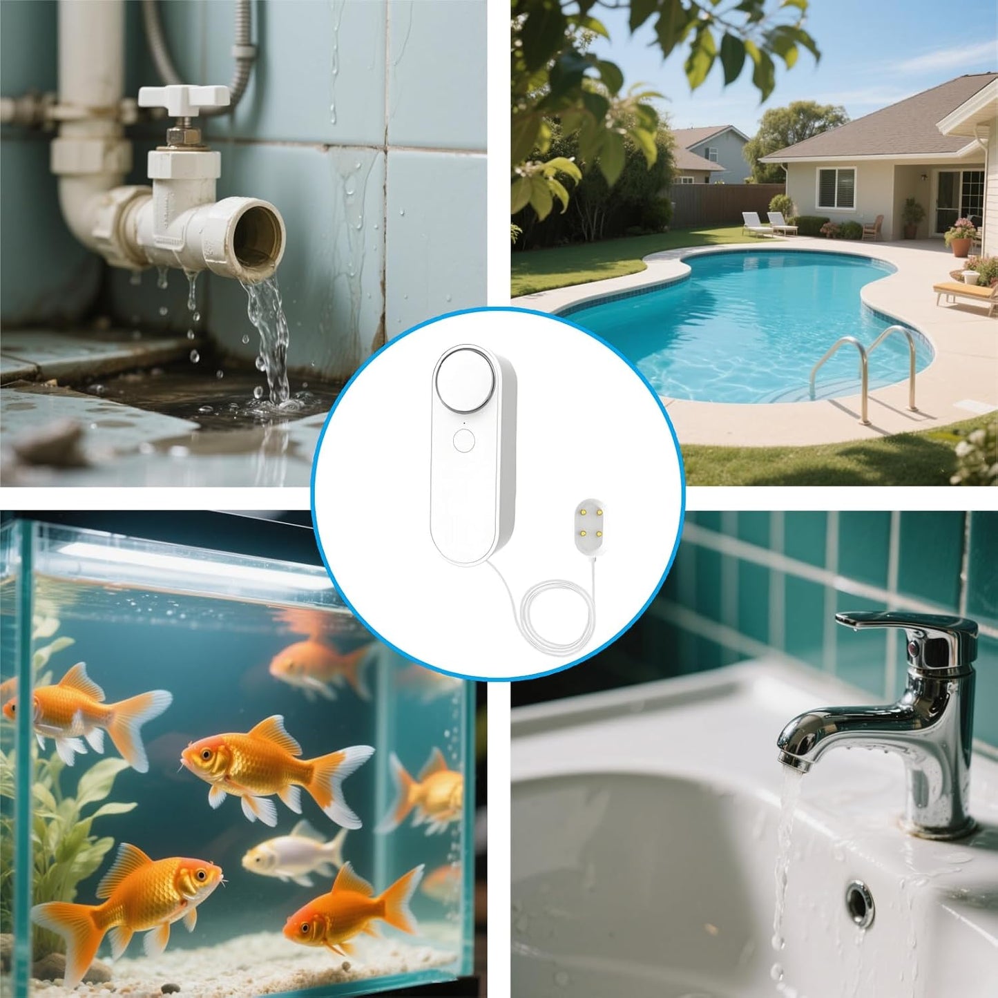 WiFi Water Level Detector Tuya Smart Sensor Alarm Dual Probe Loud Volume APP Alert Monitoring with 6.5 Feet Detection Line for Swimming Pool Fish Tank Aquarium