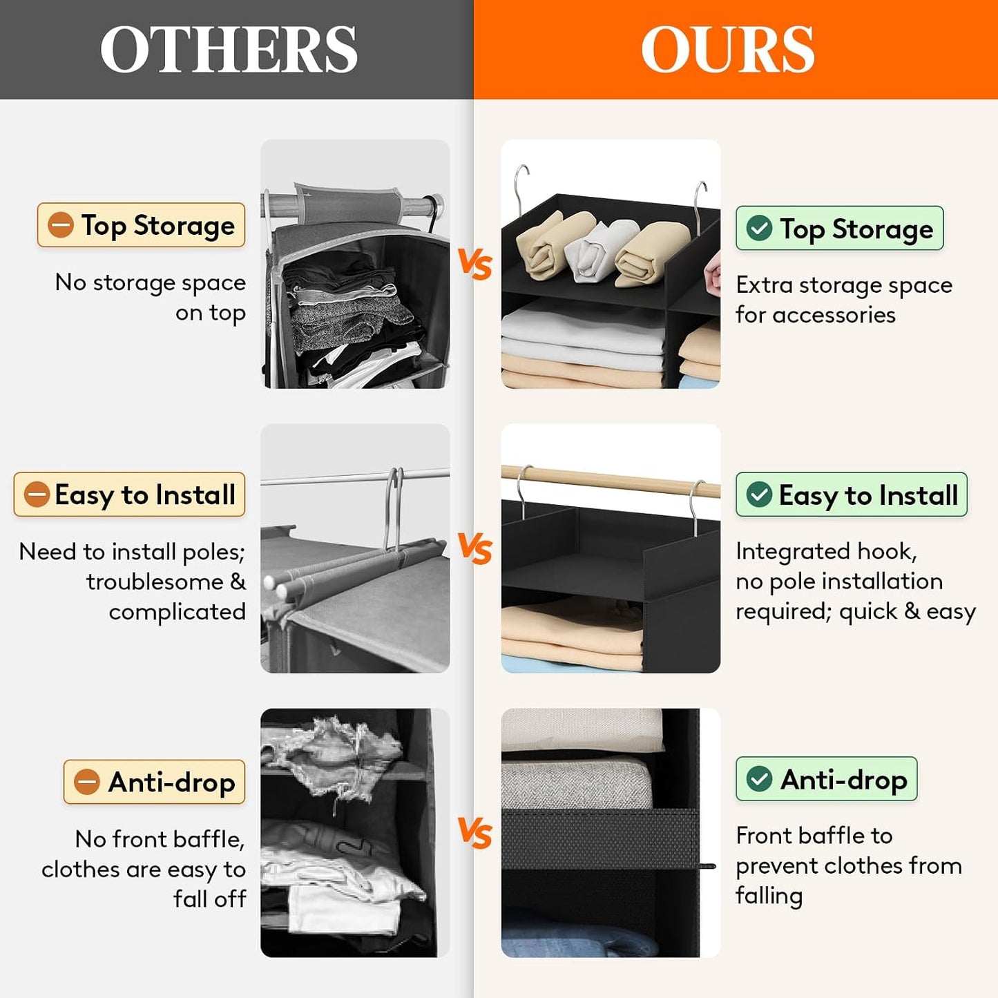 Lifewit Dual-Row Shelf Hanging Closet Organizer and Storage, Clothes Shelves with 3 Sturdy Hooks for Clothing Organization, Foldable Container Hold Up to 24 Sweaters, 4 Tier 8 Sections, Gray