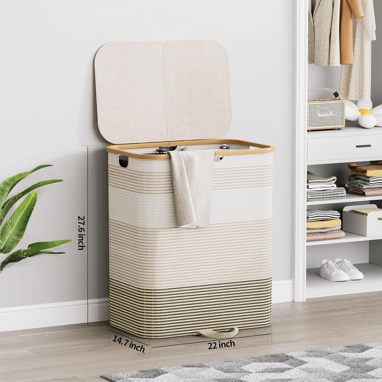 XLHOMO Double Laundry Hamper with Lid and Removable Bags, 150L Large Collapsible 2 Dividers Dirty Clothes Basket with Handles, Beige Double Laundry Basket Organizer for Bedroom,Laundry Room,College