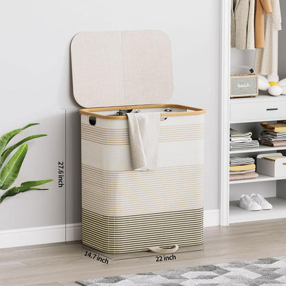 XLHOMO Double Laundry Hamper with Lid and Removable Bags, 150L Large Collapsible 2 Dividers Dirty Clothes Basket with Handles, Beige Double Laundry Basket Organizer for Bedroom,Laundry Room,College