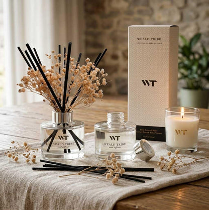 Flower Reed Diffuser Set Wild Eucalyptus Mint Scent for Bathroom Accessories Shelf Decor & Air Fresheners, Sticks Defusers with 5.1 fl oz Essential Oils & Leaves, House Bedroom Office Decor & Gifts