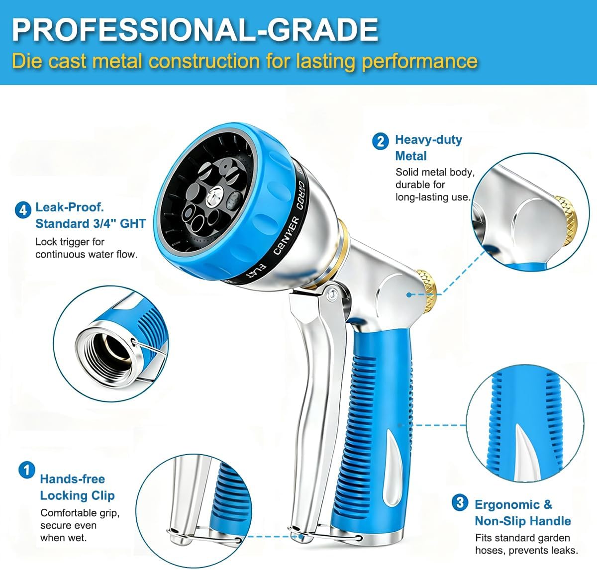 FANHAO Heavy Duty Garden Hose Nozzle, 100% Metal Water Nozzle with 8 Spray Patterns, High Pressure Hose Sprayer with Non-Slip Grip for Plants Watering, Cars Washing & Pets Bathing