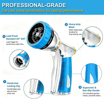 FANHAO Heavy Duty Garden Hose Nozzle, 100% Metal Water Nozzle with 8 Spray Patterns, High Pressure Hose Sprayer with Non-Slip Grip for Plants Watering, Cars Washing & Pets Bathing