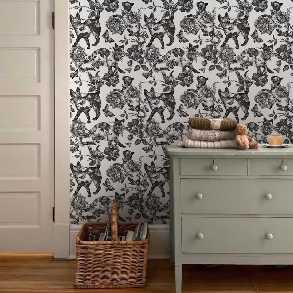 MuralPeel White Poppies Floral Modern Grey Peonies Flowers Peel and Stick Wallpaper Self Adhesive Removable Easy Peel Off Stick on Wall Paper for Bedroom Renter