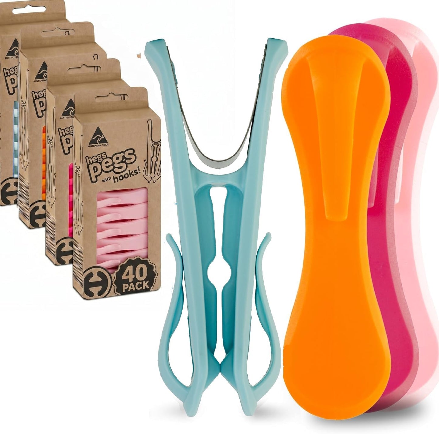 Hegs 24 Pack Multi-Color - The Smartest Heavy Duty Clothespins with Hooks - Hang 3 Garments at Once with Our Tough, Dual Hooks Clothes Pins with Anti-Rust Spring - Durable, Colorful Clothespins