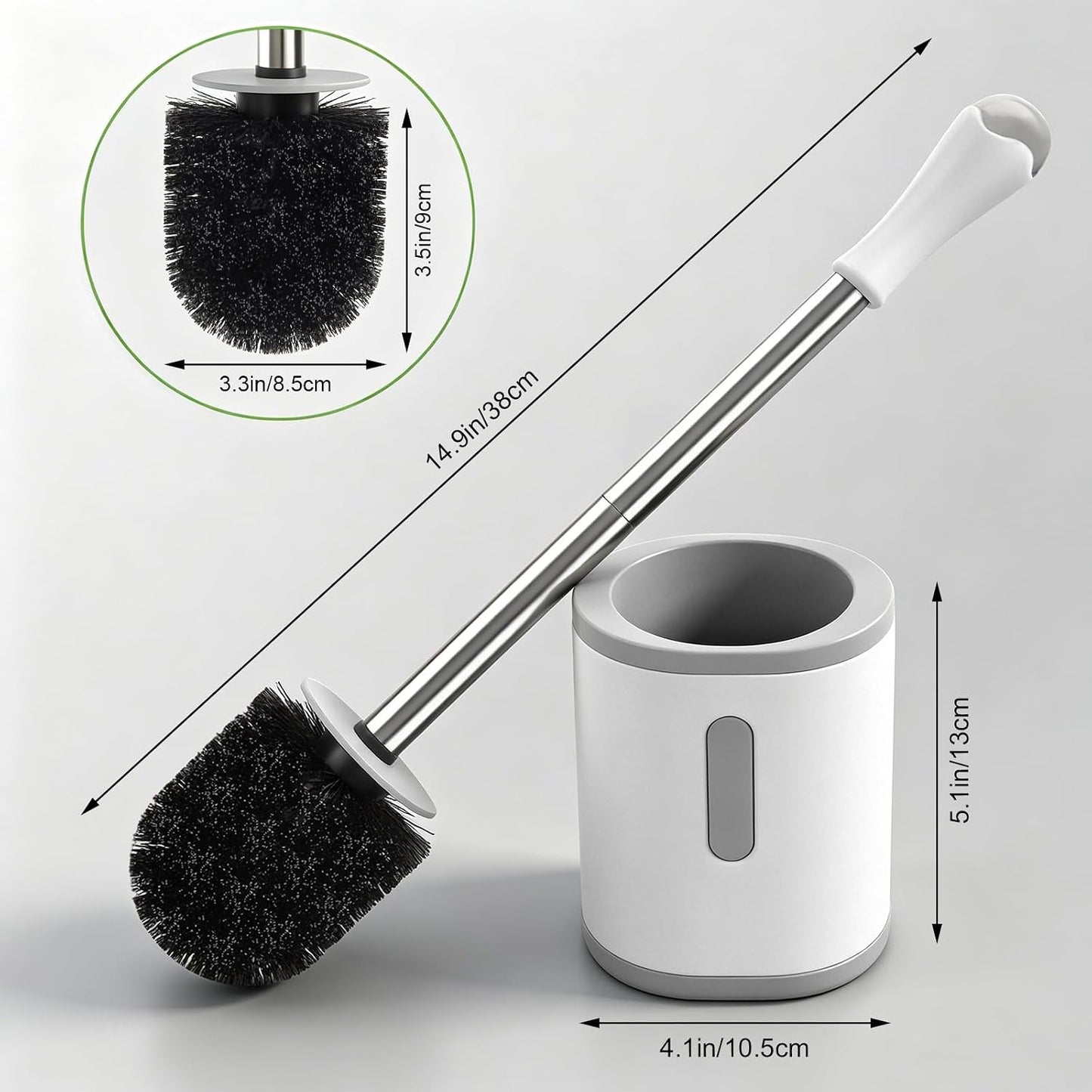 AONEZ Compact Toilet Brush & Holder, Stainless Steel Handle, Space Saving for Storage, Deep Cleaning, Drip-Proof, Easy to Assemble, Nylon Bristles, White & Grey