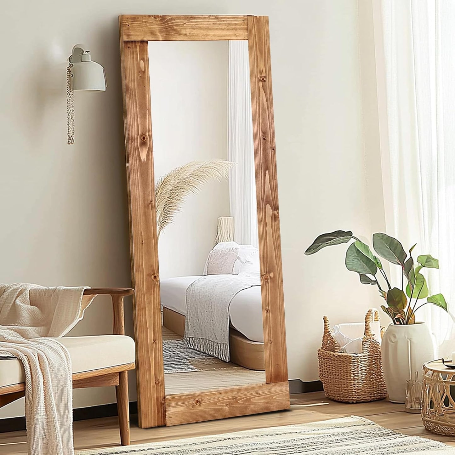 Solid Wood Full Length Mirror - 65"x22" Arched Floor Mirror, Free Standing & Wall Mounted - Elegant Design for Bedroom, Dressing Room, Hallway, Brown