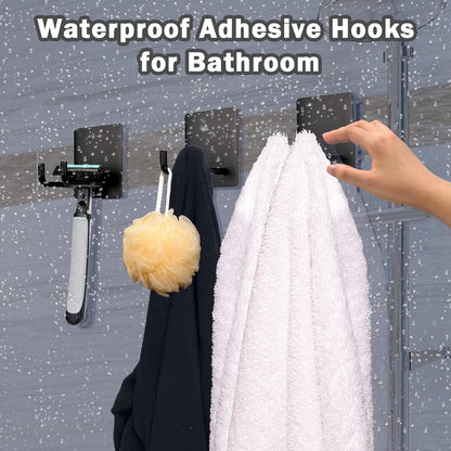 Adhesive Hooks Heavy Duty, Long Stainless Steel Self Adhesive Wall Hook, Sticky Towel Hangers for Kitchen Bathroom, Waterproof Stick on Door Hooks for Hanging Key Hat Coat 4Pack(Black)
