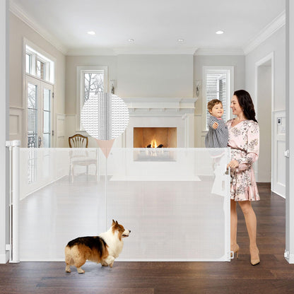 Newly Enhanced - 42" Tall × 120" Extra Wide Retractable Baby Gate Keeps Pets from Getting Under Tall Dog Gate, Indoor/Outdoor Baby Gates for Dogs, Retractable Dog Gate for Large Openings, White