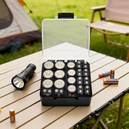 FULLCASE Plastic Battery Organizer with Tester, Battery Storage Case for AA AAA C D 9V Batteries, Portable Battery Holder Box for Home, Travel & Emergency Kits(Case Only) Black