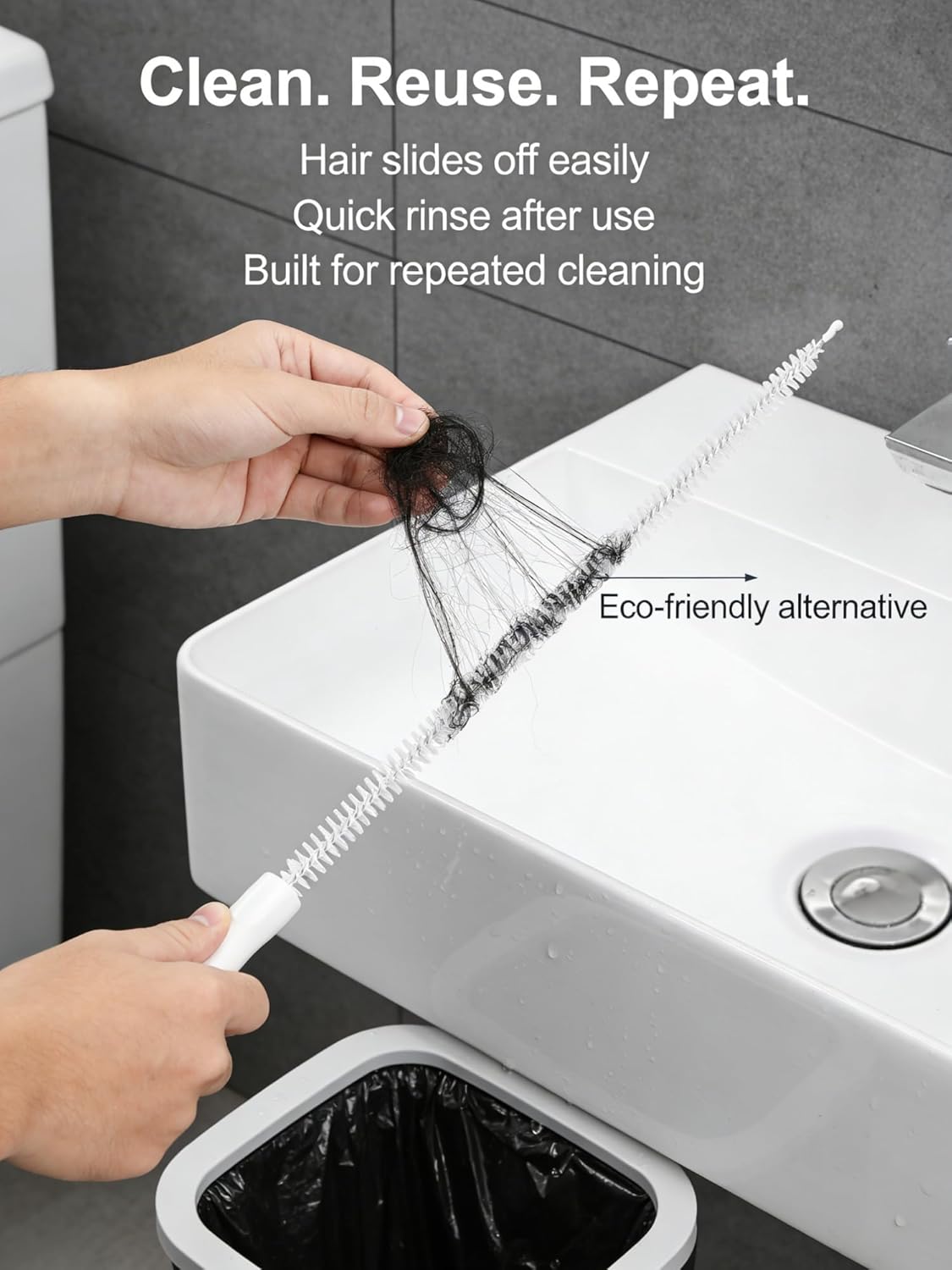 Drain Cleaning Brush, 2-Pack Flexible Pipe Cleaner Tool for Sink Shower and Bathtub Drain, Long Hair and Debris Remover Snake with Handle and Hook, Reusable Clog Removal Accessory